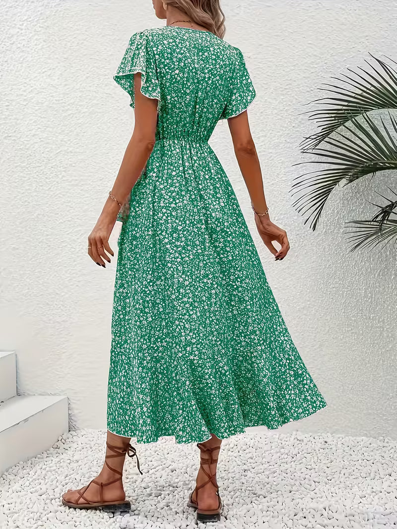 Skye | Floral Wrap Midi Dress with Ruffle Sleeves and Asymmetric Hem