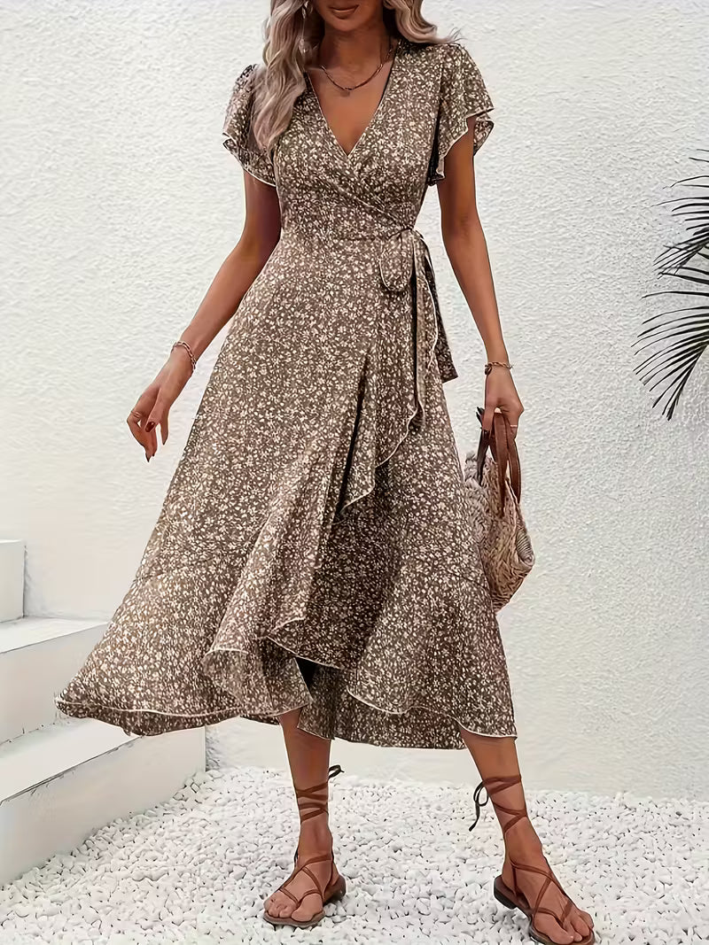 Skye | Floral Wrap Midi Dress with Ruffle Sleeves and Asymmetric Hem