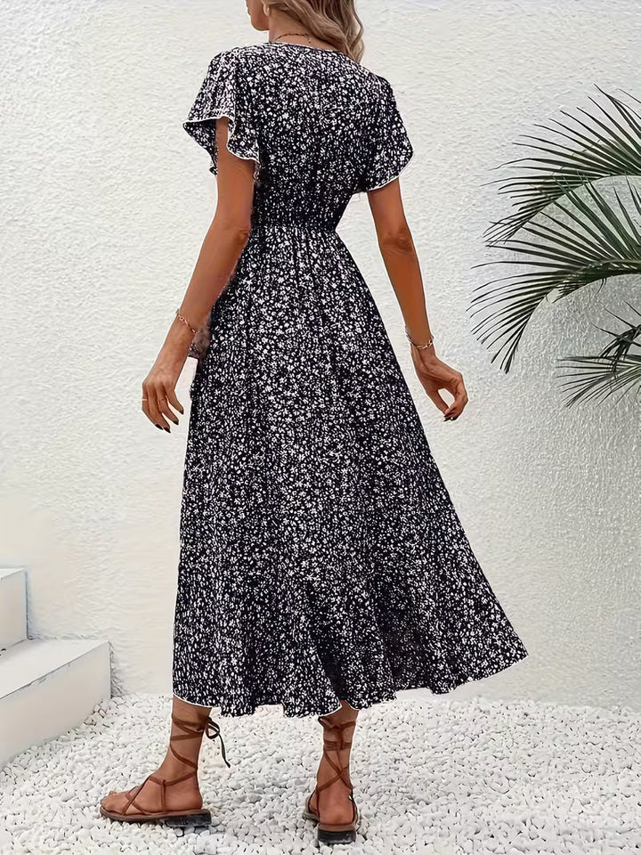 Skye | Floral Wrap Midi Dress with Ruffle Sleeves and Asymmetric Hem