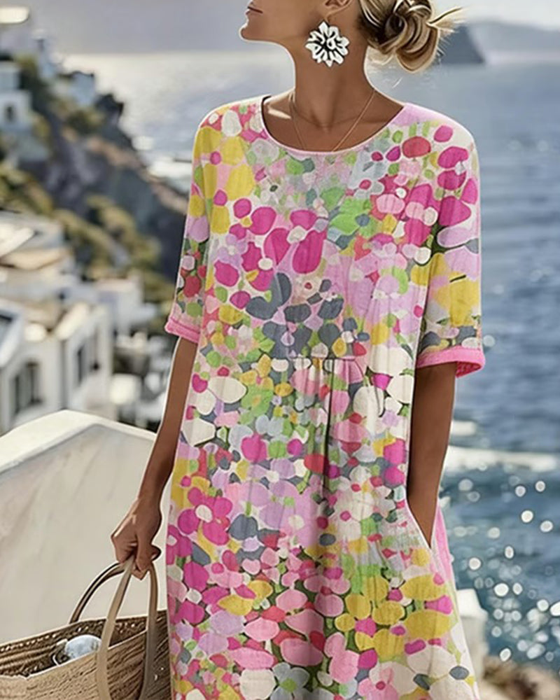 WILLOW | Floral Midi Dress with Round Neck and Short Sleeves for Effortless Summer Style