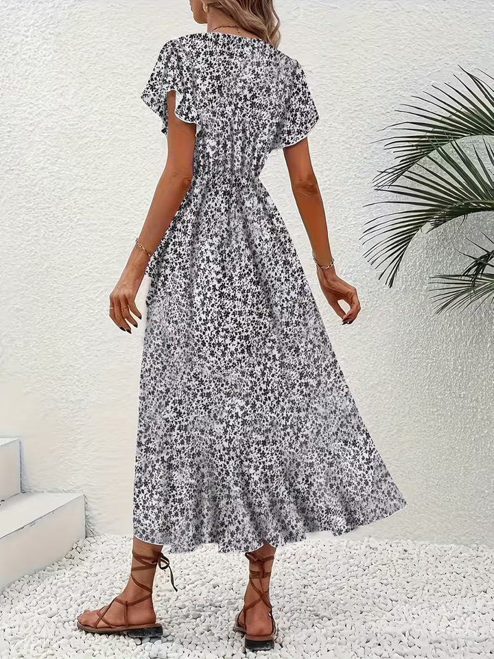 Skye | Floral Wrap Midi Dress with Ruffle Sleeves and Asymmetric Hem