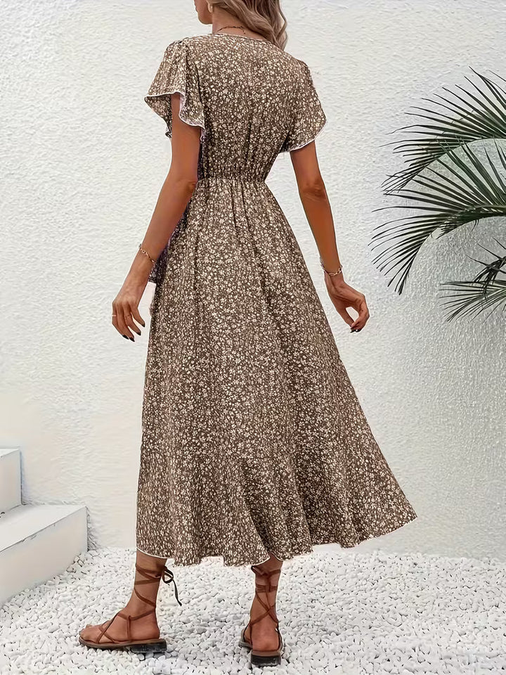 Skye | Floral Wrap Midi Dress with Ruffle Sleeves and Asymmetric Hem