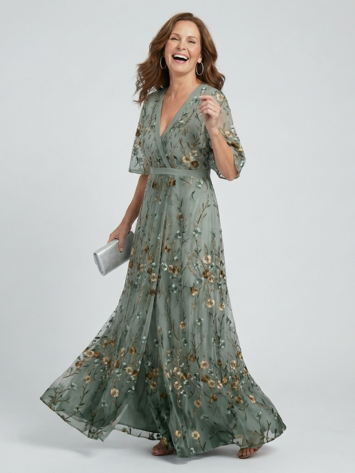 Sage | Floral Embroidered Maxi Dress with V-Neck and Flutter Sleeves