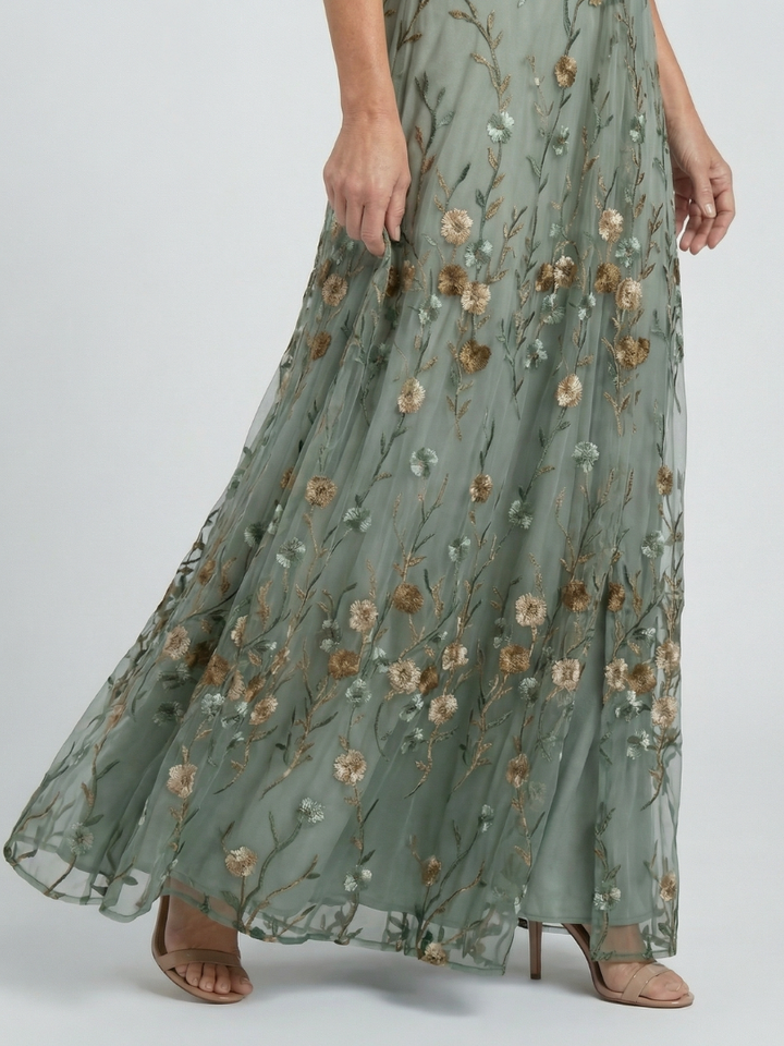 Sage | Floral Embroidered Maxi Dress with V-Neck and Flutter Sleeves