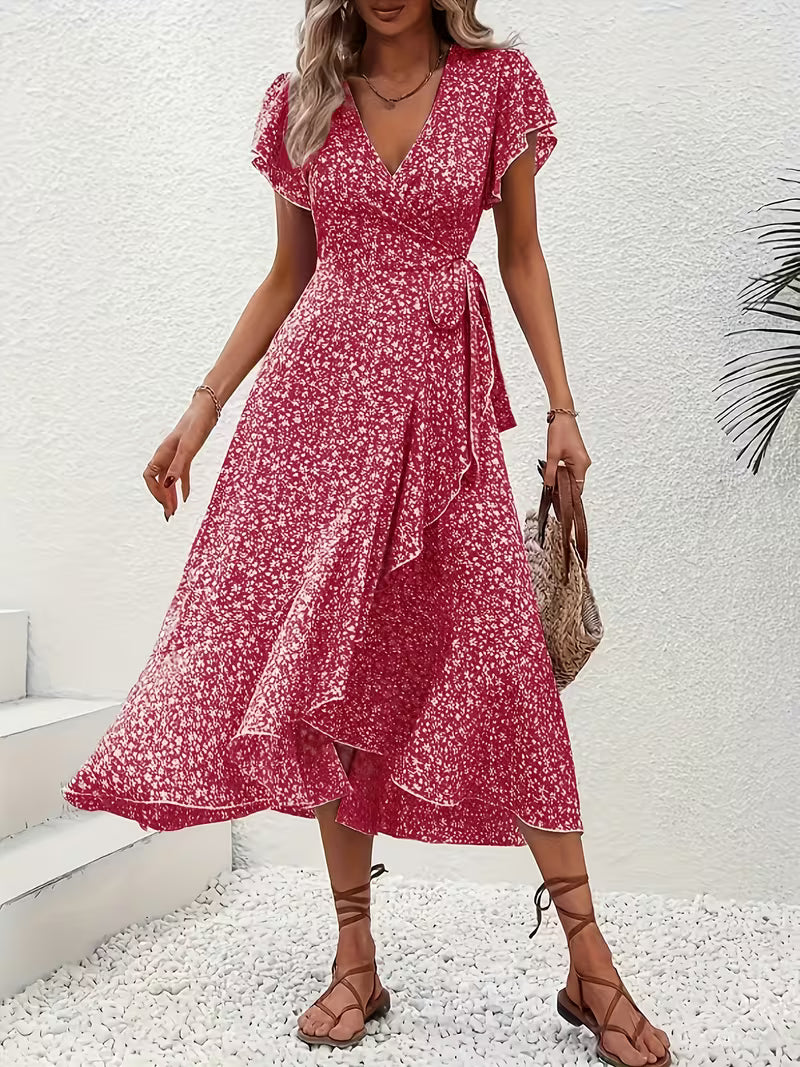 Skye | Floral Wrap Midi Dress with Ruffle Sleeves and Asymmetric Hem