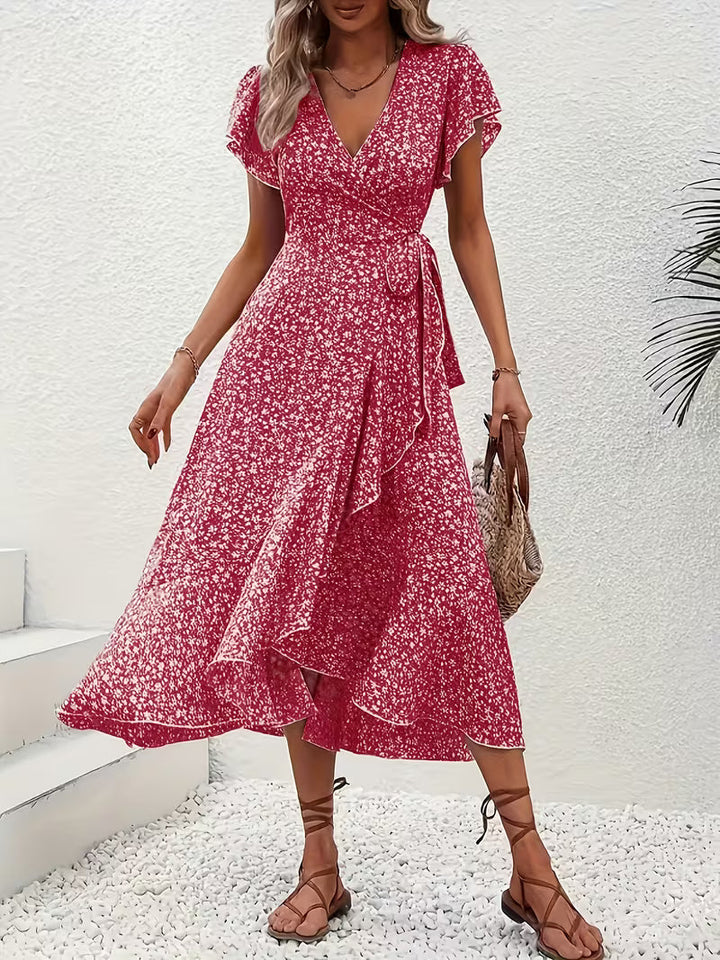 Skye | Floral Wrap Midi Dress with Ruffle Sleeves and Asymmetric Hem
