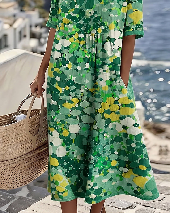 WILLOW | Floral Midi Dress with Round Neck and Short Sleeves for Effortless Summer Style