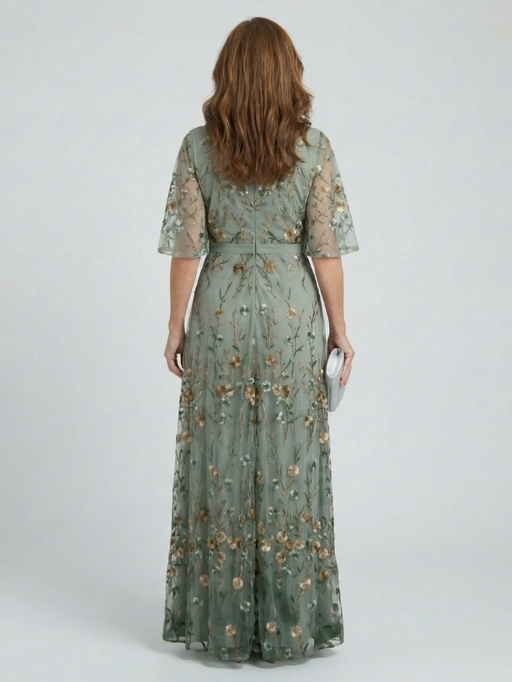 Sage | Floral Embroidered Maxi Dress with V-Neck and Flutter Sleeves