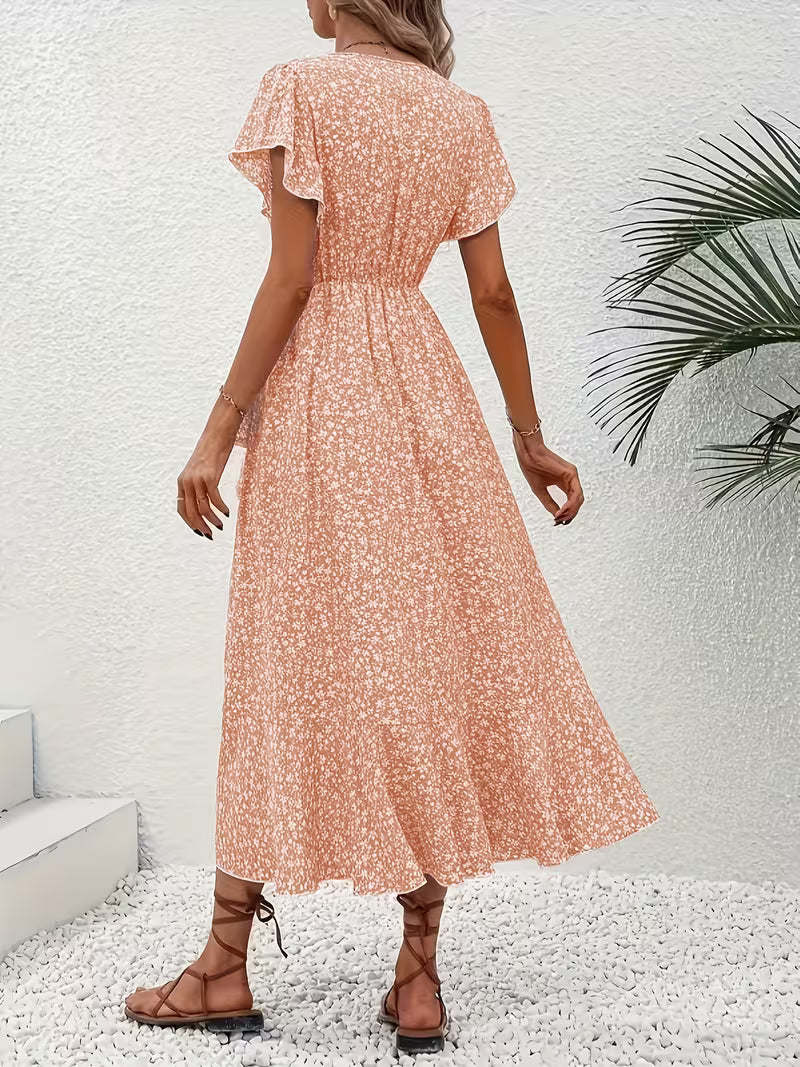 Skye | Floral Wrap Midi Dress with Ruffle Sleeves and Asymmetric Hem