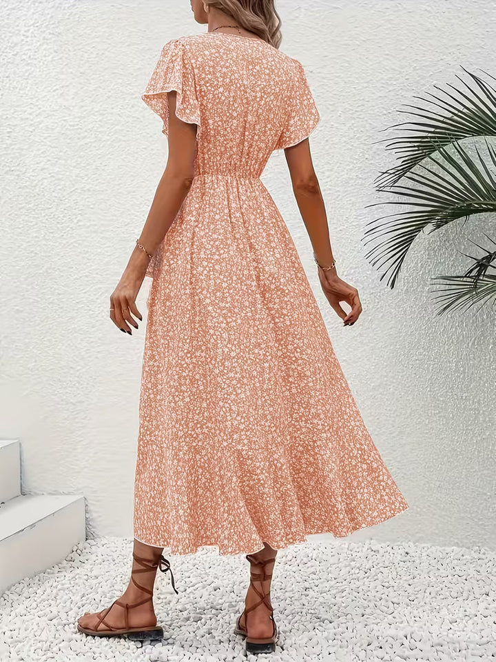 Skye | Floral Wrap Midi Dress with Ruffle Sleeves and Asymmetric Hem