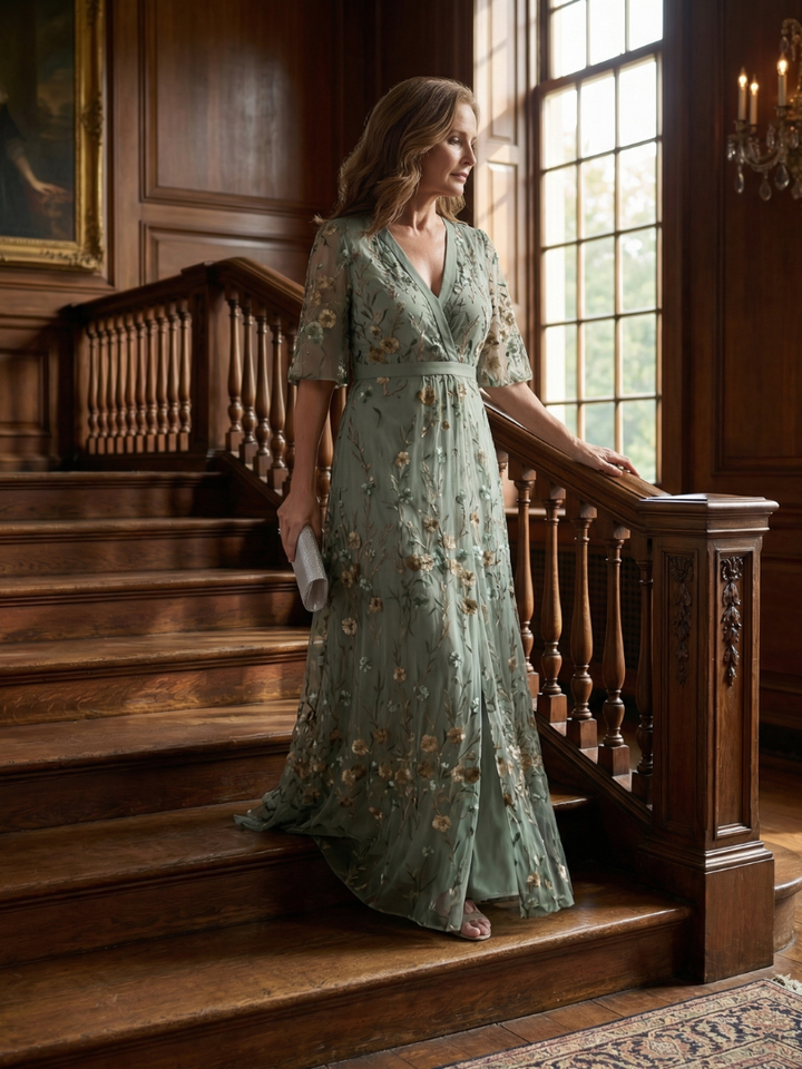 Sage | Floral Embroidered Maxi Dress with V-Neck and Flutter Sleeves