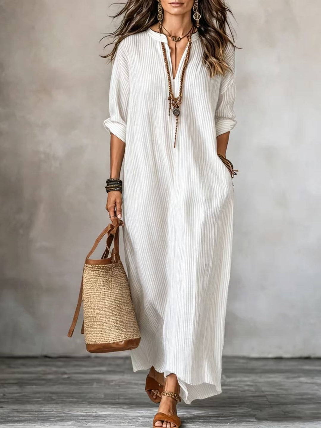 HAVEN | Long Sleeve Maxi Dress V-Neck Striped Style with Side Pockets