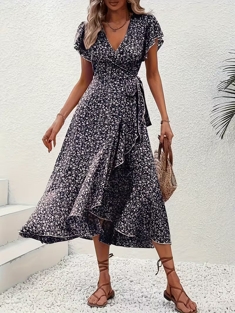 Skye | Floral Wrap Midi Dress with Ruffle Sleeves and Asymmetric Hem