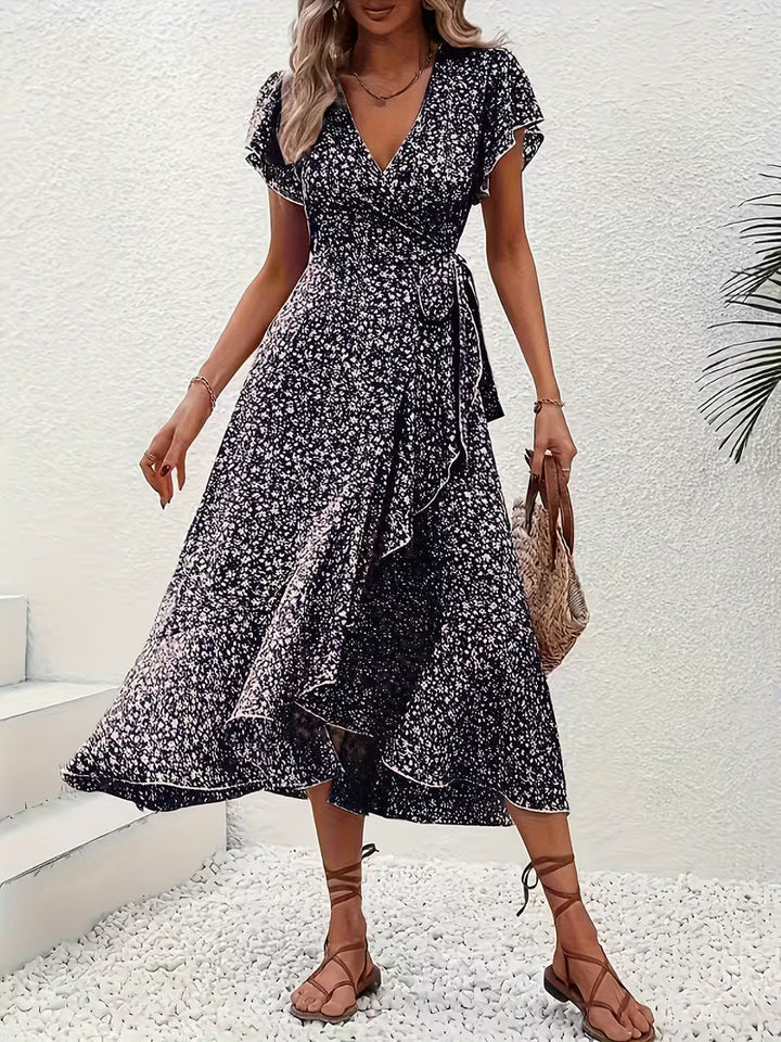 Skye | Floral Wrap Midi Dress with Ruffle Sleeves and Asymmetric Hem