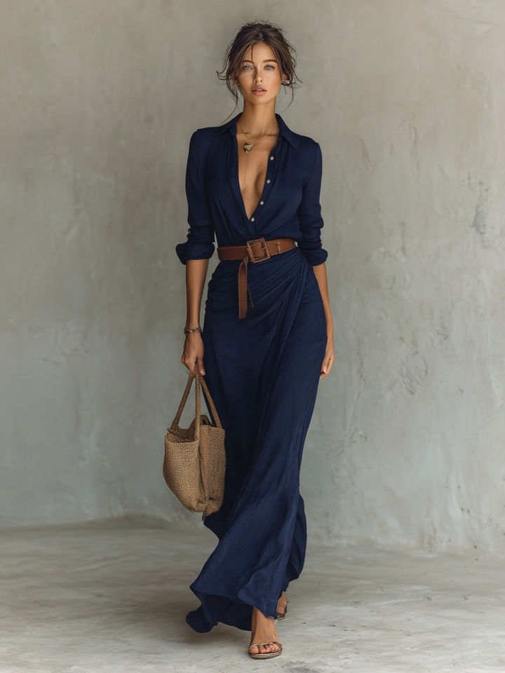 Maxi Dress with Notched Collar and Long Sleeves