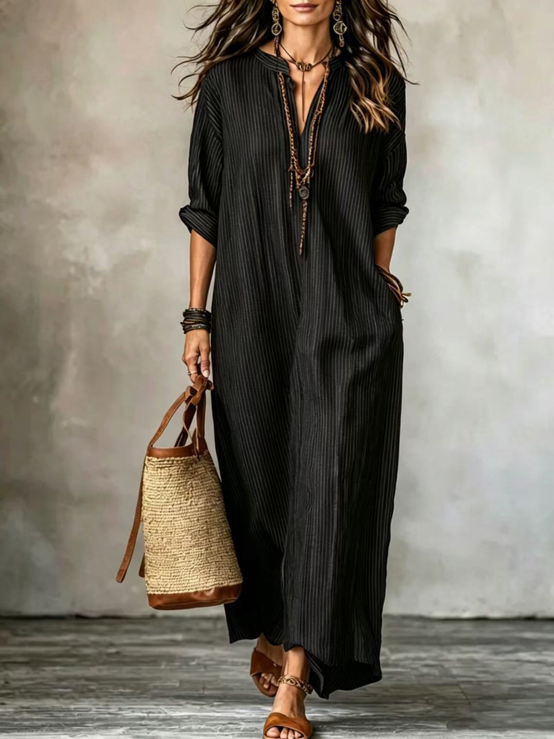 HAVEN | Long Sleeve Maxi Dress V-Neck Striped Style with Side Pockets