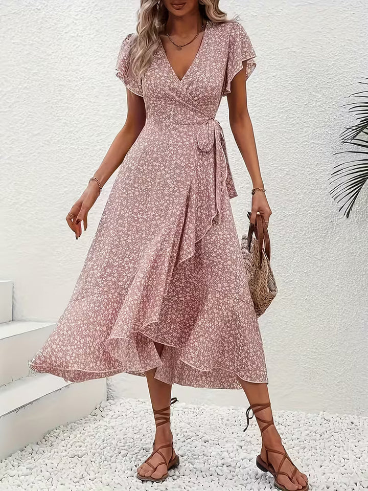 Skye | Floral Wrap Midi Dress with Ruffle Sleeves and Asymmetric Hem