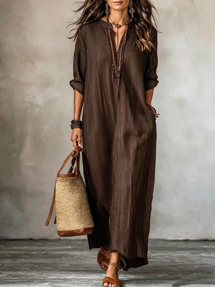 HAVEN | Long Sleeve Maxi Dress V-Neck Striped Style with Side Pockets