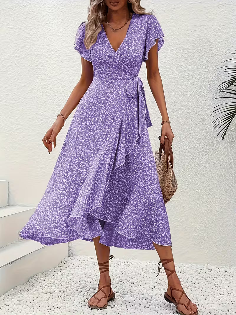 Skye | Floral Wrap Midi Dress with Ruffle Sleeves and Asymmetric Hem