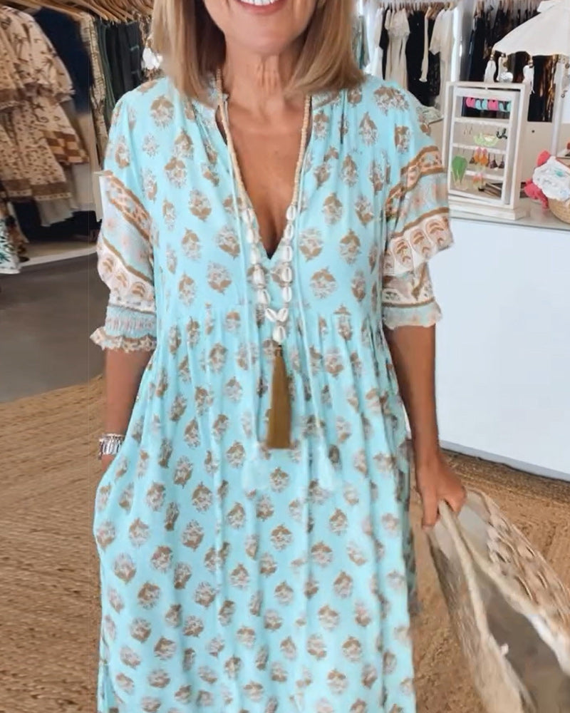 GIULIA | Midi Dress with V-neck and Elegant Balloon Sleeves