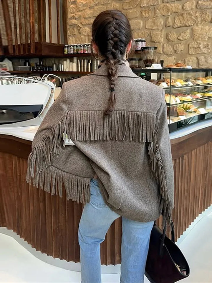 Autumn Bomber Coat – Stylish Woolen Blazer with Tassels