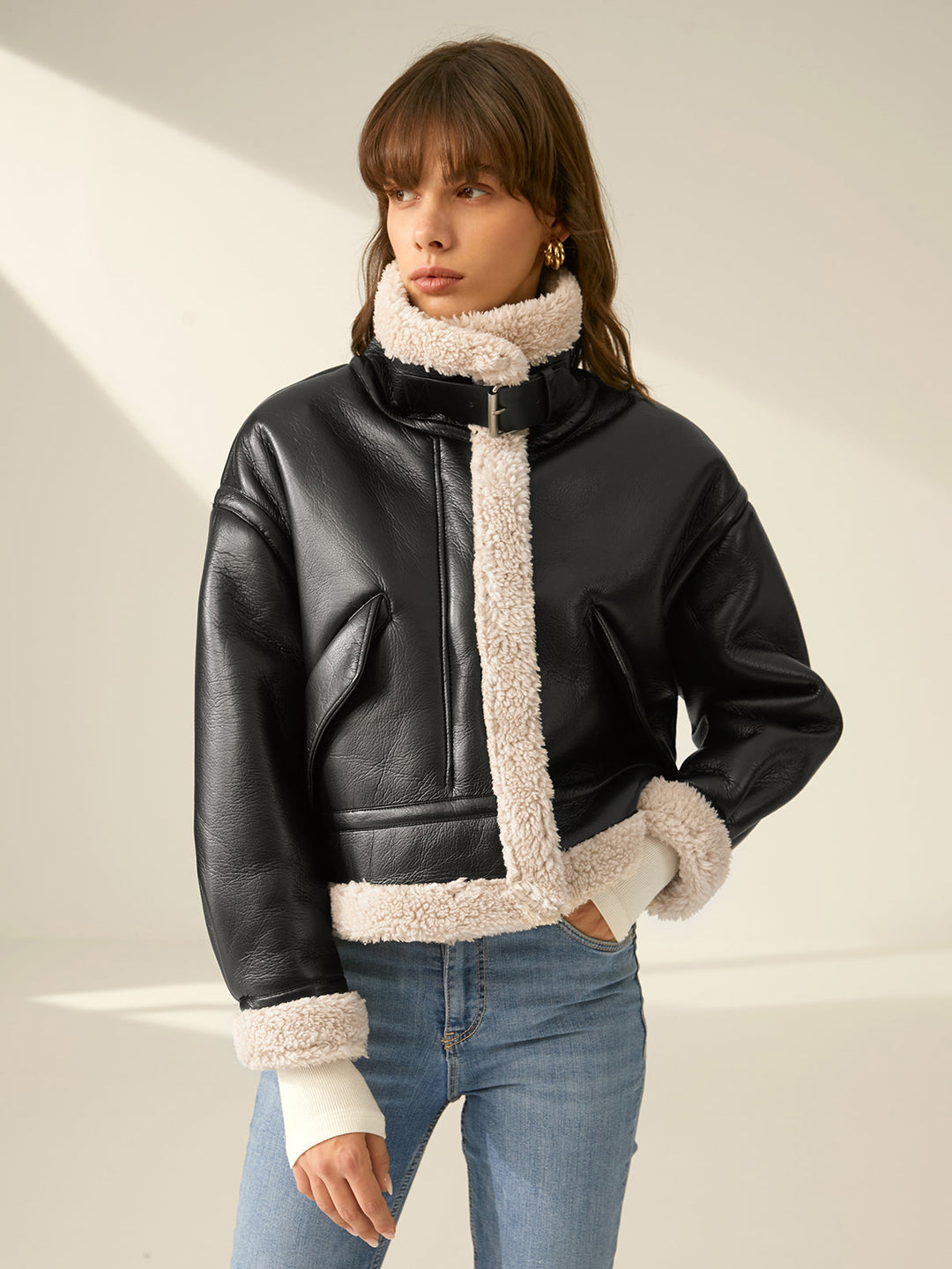 Women's Faux Leather Flight Jacket with Sherpa Lining