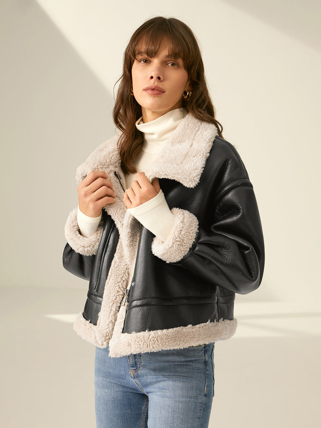 Women's Faux Leather Flight Jacket with Sherpa Lining