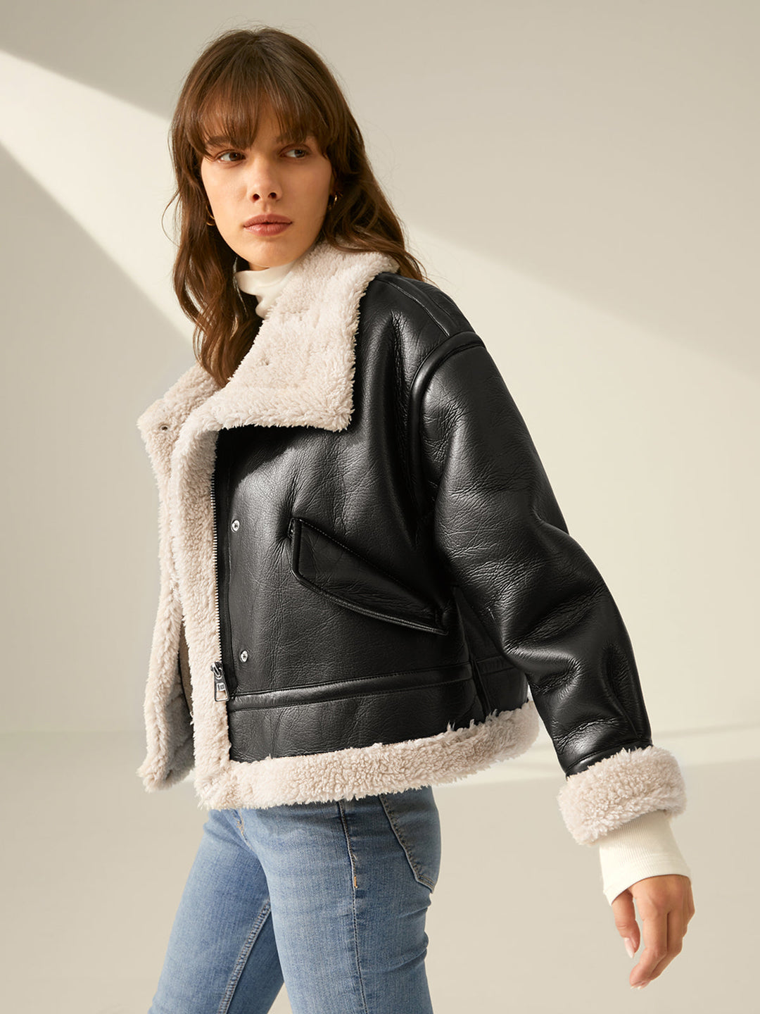 Women's Faux Leather Flight Jacket with Sherpa Lining