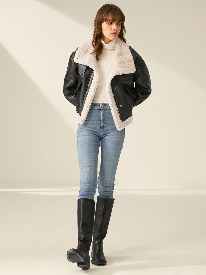 Women's Faux Leather Flight Jacket with Sherpa Lining