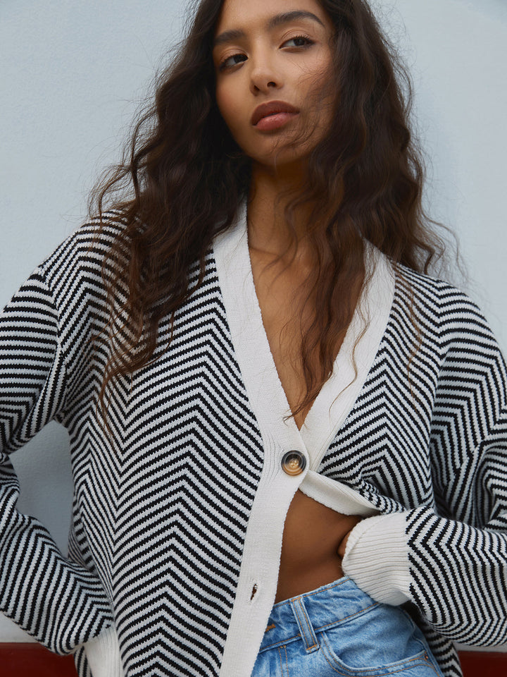 Chevron Contrast Button-Up Cardigan