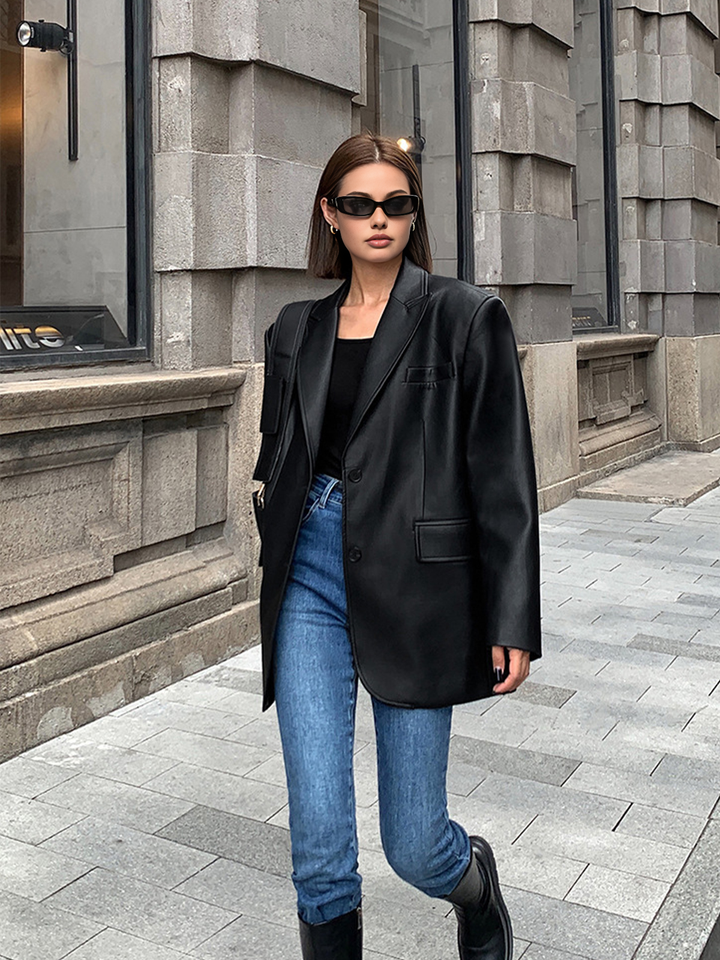 Women's Oversized Faux Leather Blazer with Lapel