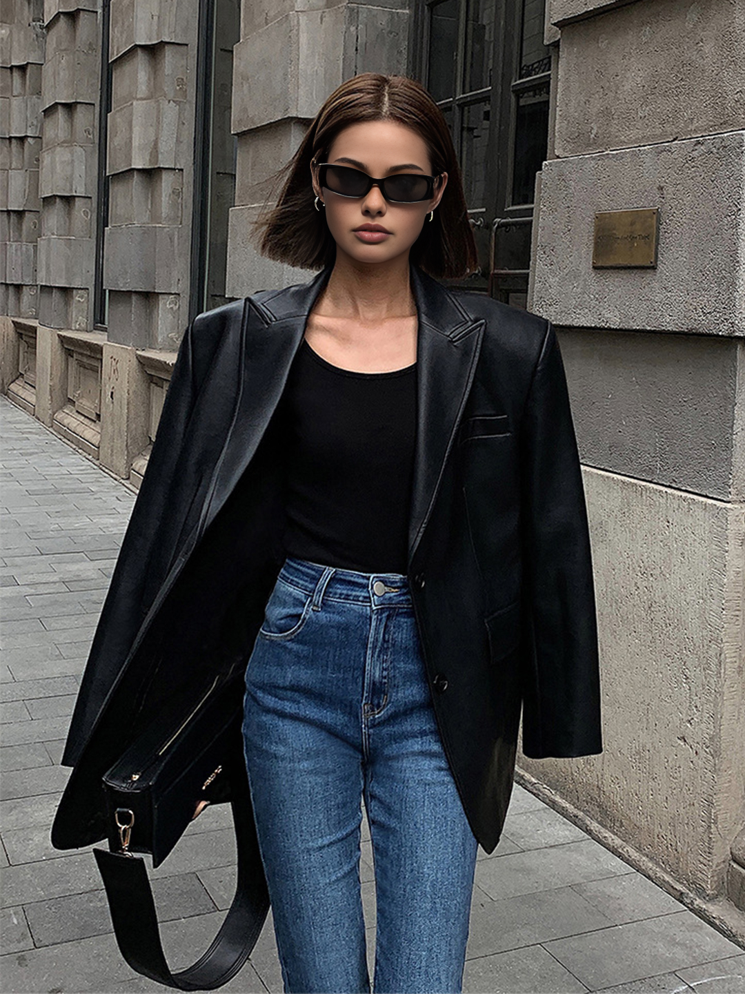 Women's Oversized Faux Leather Blazer with Lapel