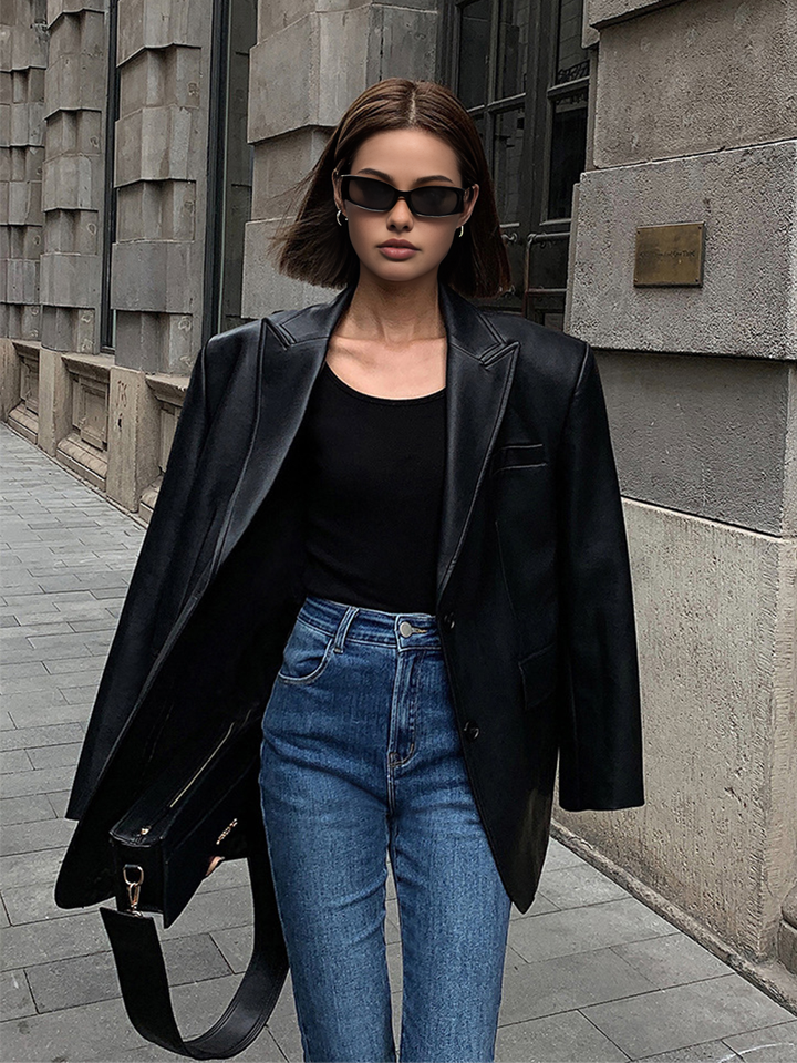 Women's Oversized Faux Leather Blazer with Lapel