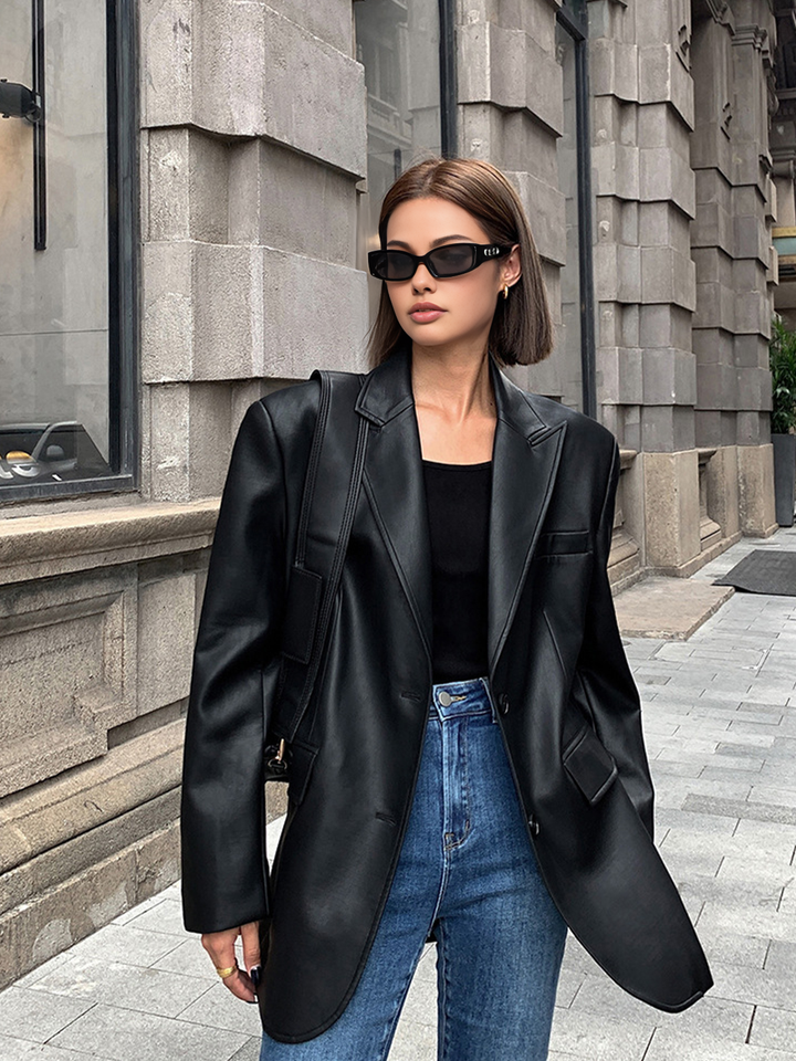 Women's Oversized Faux Leather Blazer with Lapel