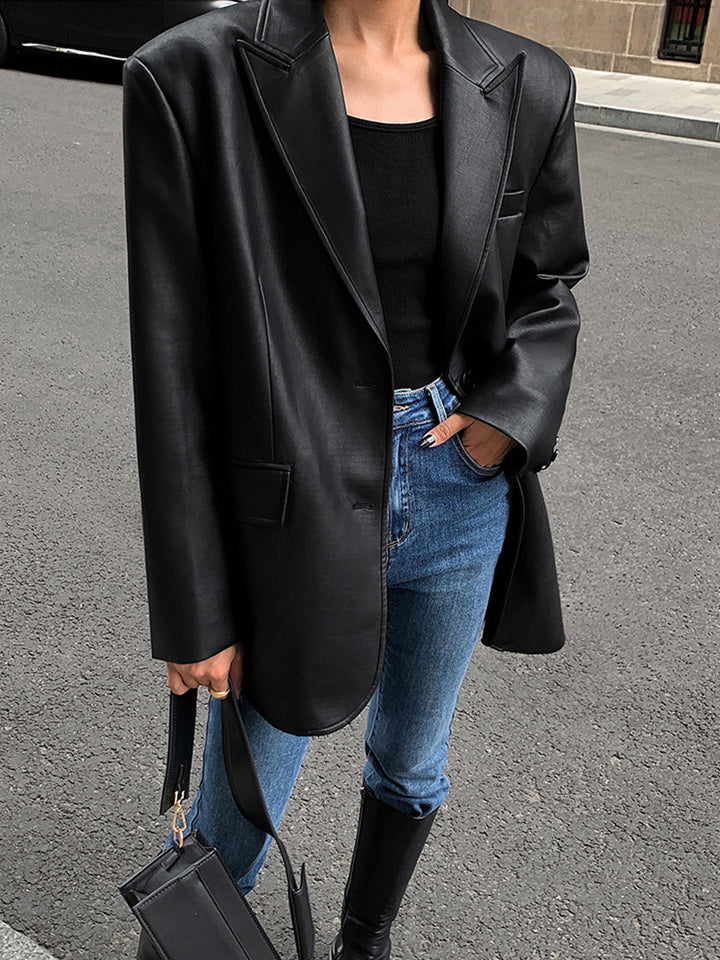 Women's Oversized Faux Leather Blazer with Lapel