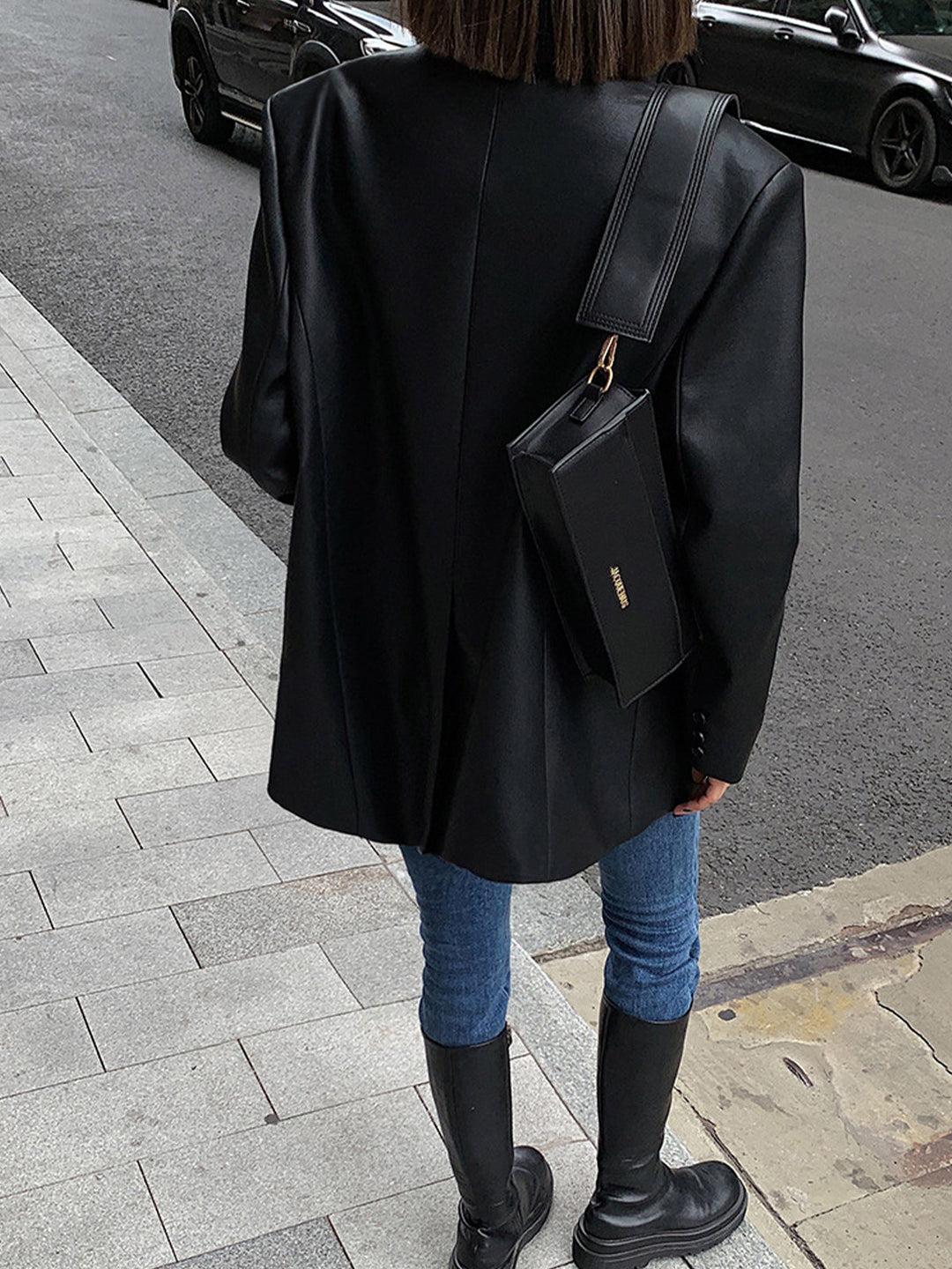 Women's Oversized Faux Leather Blazer with Lapel