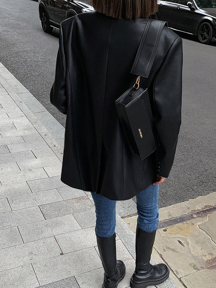 Women's Oversized Faux Leather Blazer with Lapel