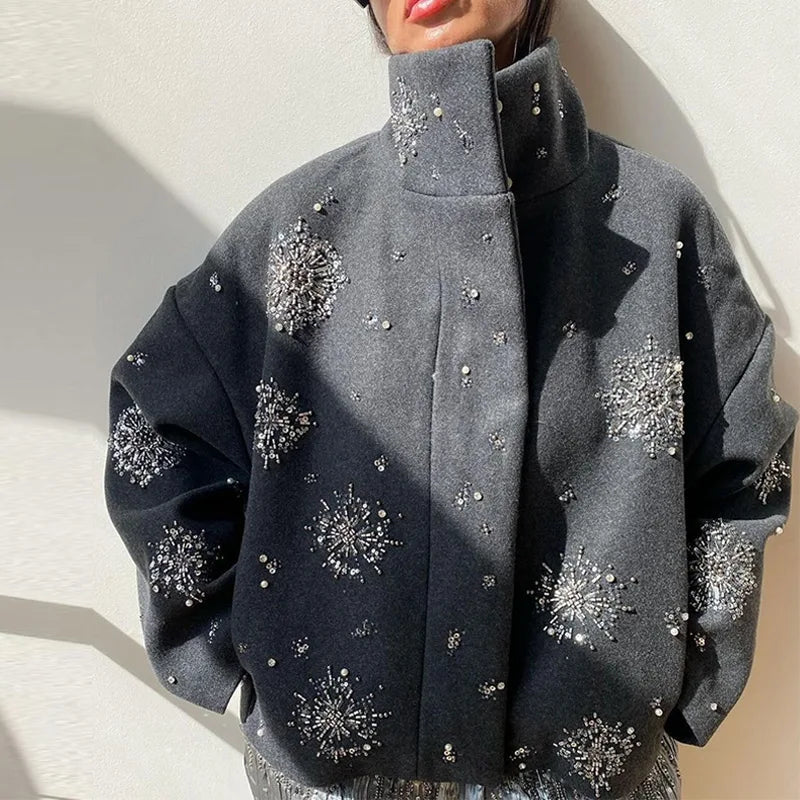 Women's Embroidery Beading Pea Coat