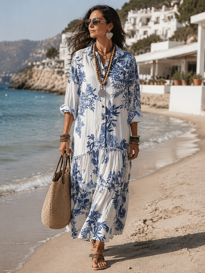 Bohemian Blue Floral Button-down Maxi Dress