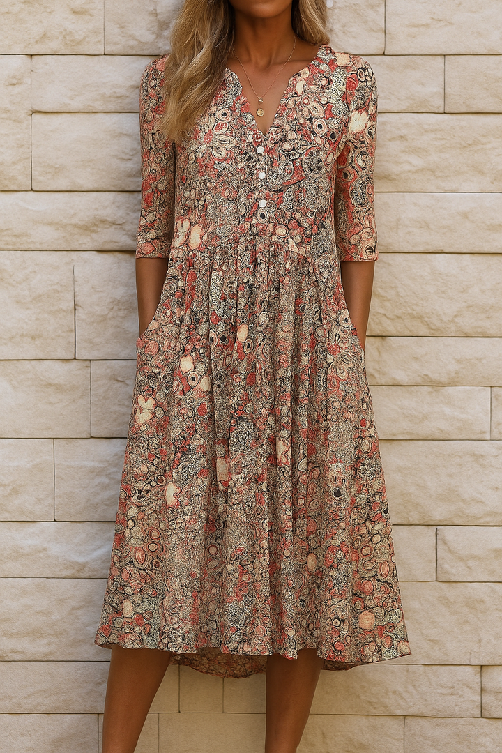Aubrey | Boho Print Midi Dress with V-Neck Ruffle and Side Pockets