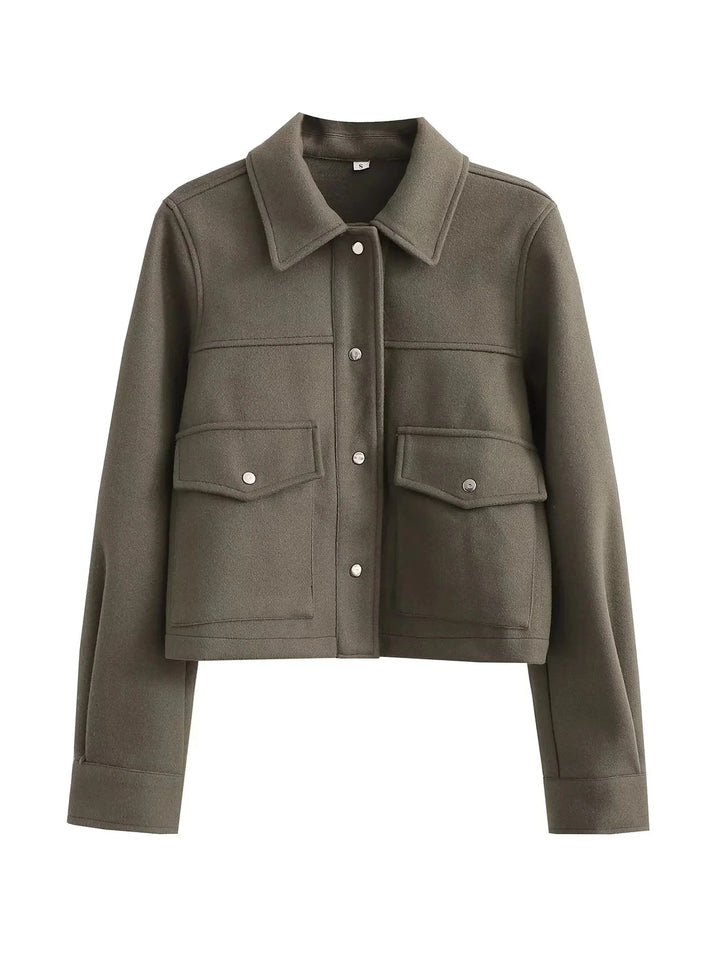 Women’s Cropped Wool-Blend Jacket with Button Front and Structured Utility Design