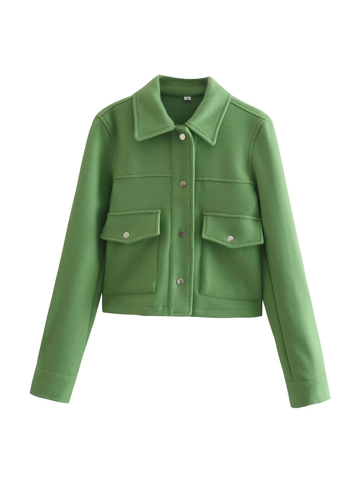 Women’s Cropped Wool-Blend Jacket with Button Front and Structured Utility Design