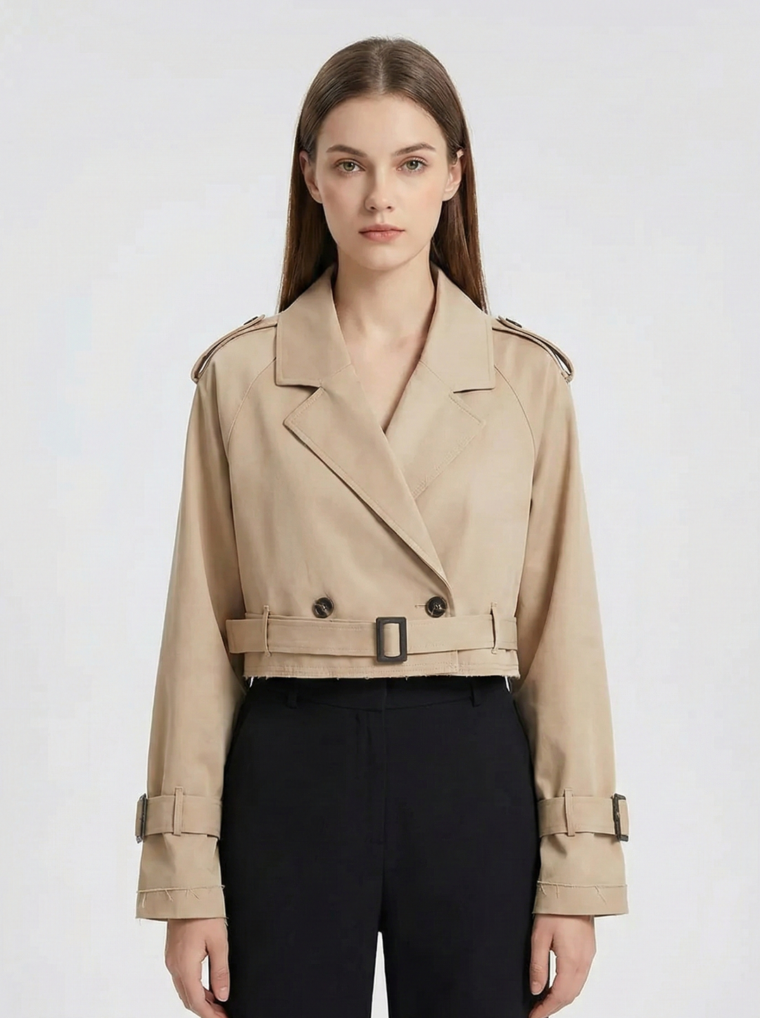 Women’s Cropped Trench Jacket with Belted Waist and Structured Lapel Collar