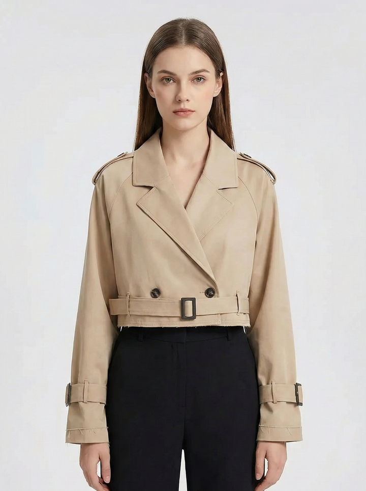 Women’s Cropped Trench Jacket with Belted Waist and Structured Lapel Collar