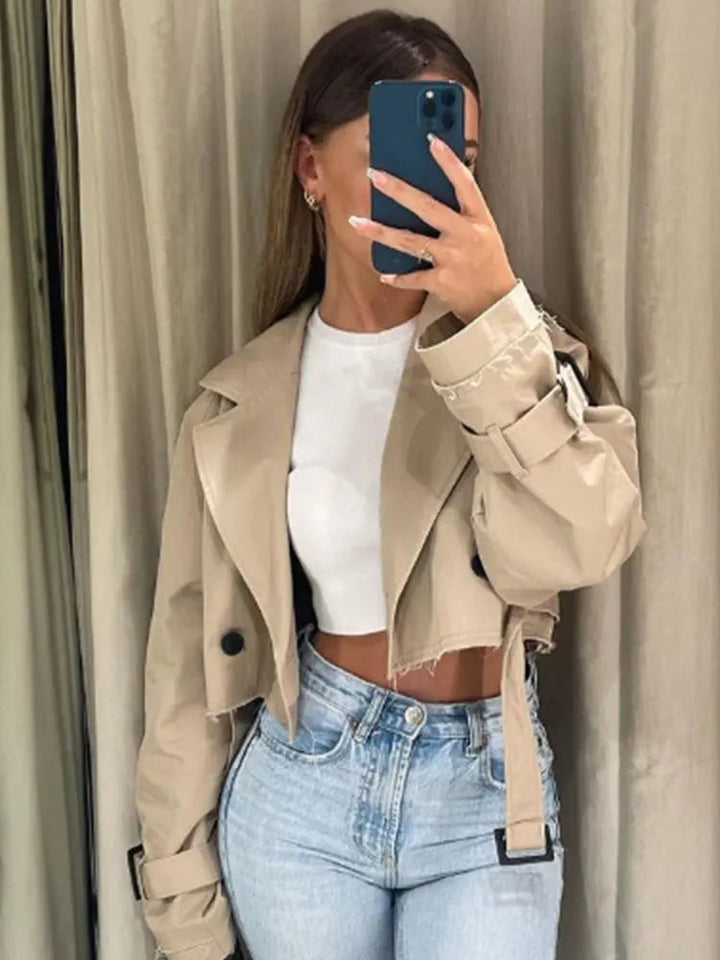 Women’s Cropped Trench Jacket with Belted Waist and Structured Lapel Collar