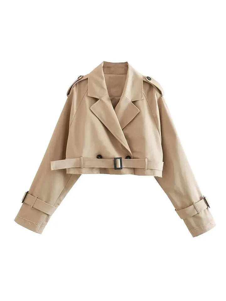Women’s Cropped Trench Jacket with Belted Waist and Structured Lapel Collar