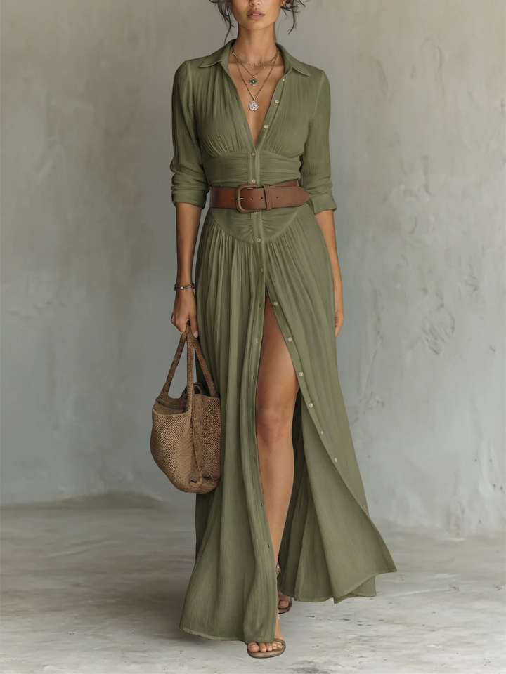 Maxi Dress for Women | Long Sleeve Linen Dress with Collar