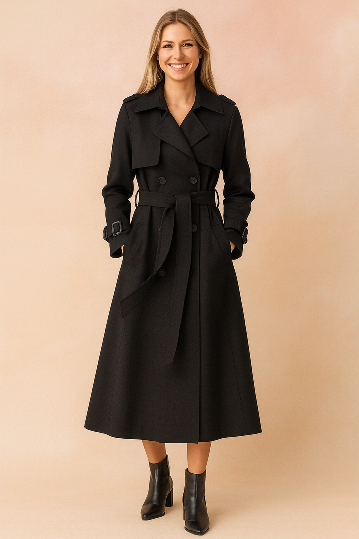 Long Belted Trench Coat with Buckle Detail for Women