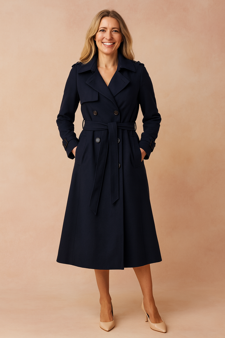Long Belted Trench Coat with Buckle Detail for Women