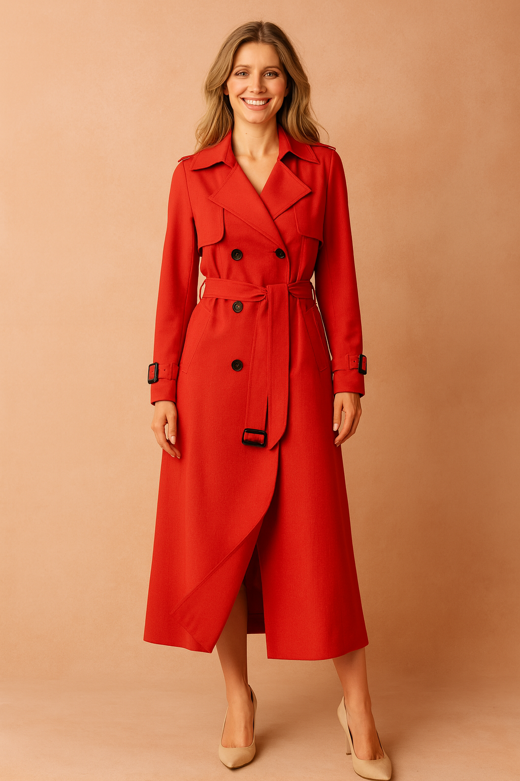 Long Belted Trench Coat with Buckle Detail for Women